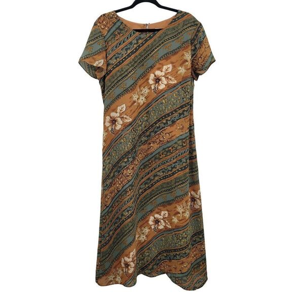 Vintage 90's Maxi Dress 12 Green Tan Modest Short Sleeve Shift Southwestern - Picture 3 of 14